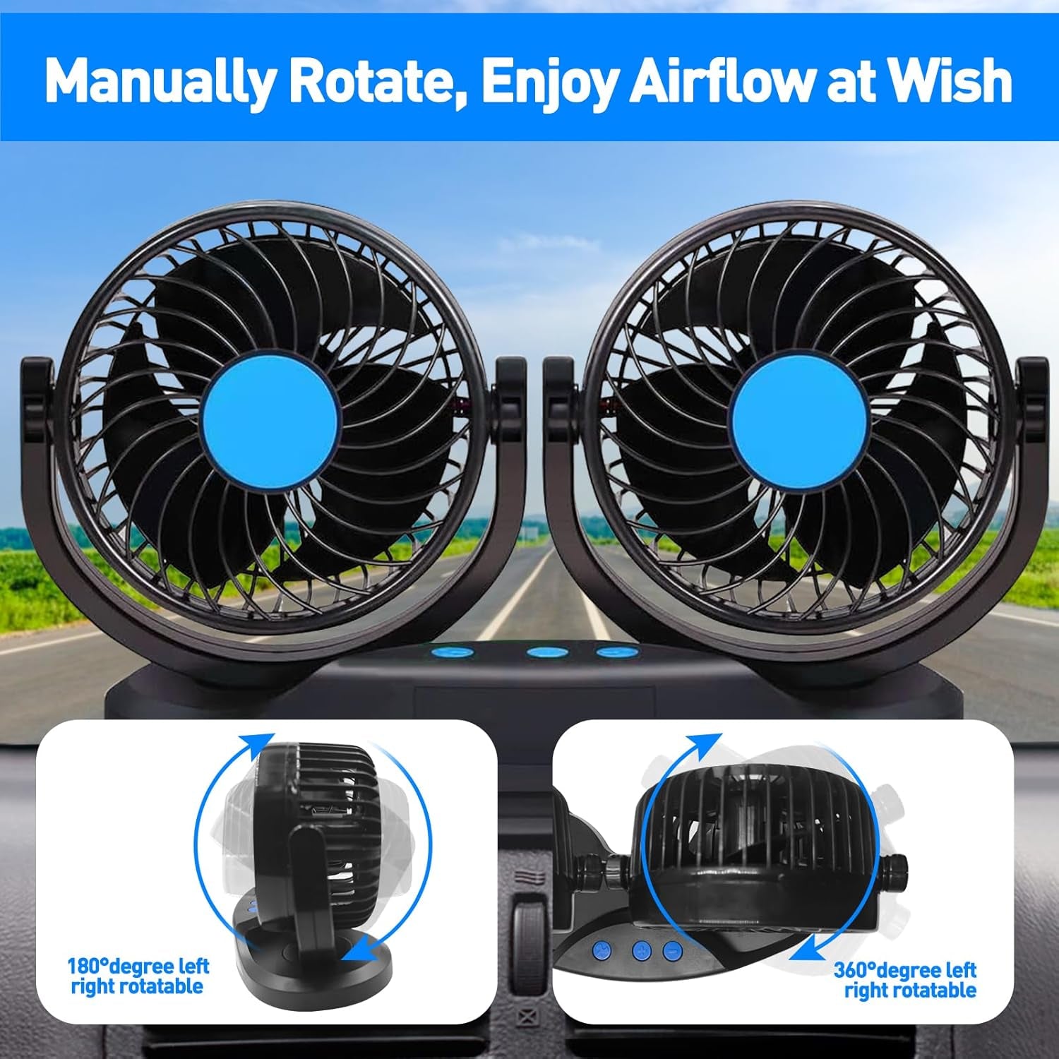2V Car Fan, 5'' Portable Auto Cooling Fan, Adjustable Dual Head 360° Rotatable, 12 Speed Cigarette Lighter Plug & LED Display for Sedan SUV RV Boat (T103E)