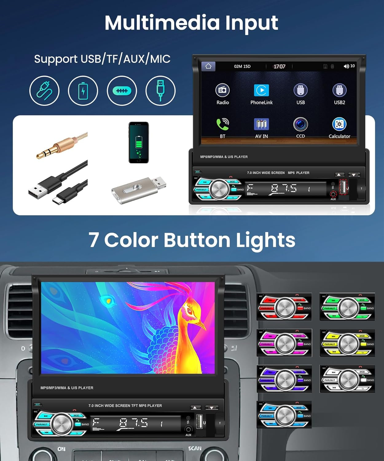 Car Stereo Single Din Touchscreen Car Radio with Bluetooth,  7 Inch Electric Flip Out Screen Mirror Link FM Radio AUX- in USB SD TF Card Input EQ Setting MP5 Player + Backup Camera