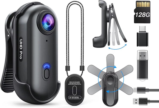 W4 Mini Body Camera 1080P HD 128GB, 2Hrs Recording Wearable Camera , Lightweight Hands-Free for Outdoor & Pet Walking