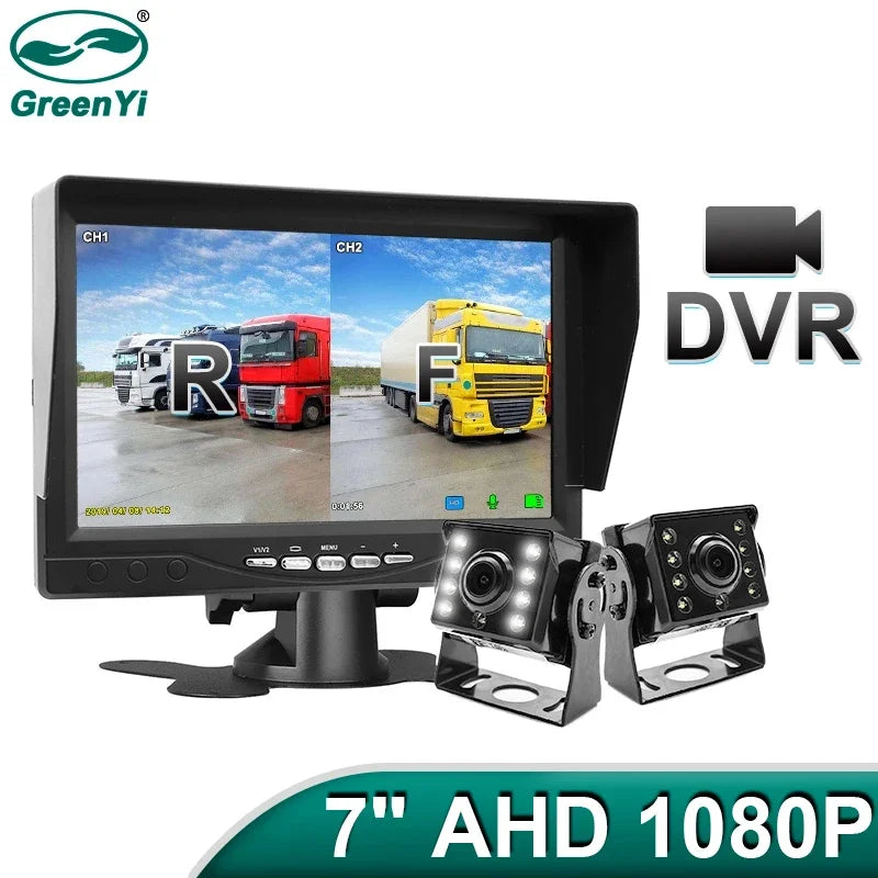1920*1080 Recording DVR 2 Truck Backup Camera AHD Night Vision with 7" Vehicle Rear View Monitor Support SD Card