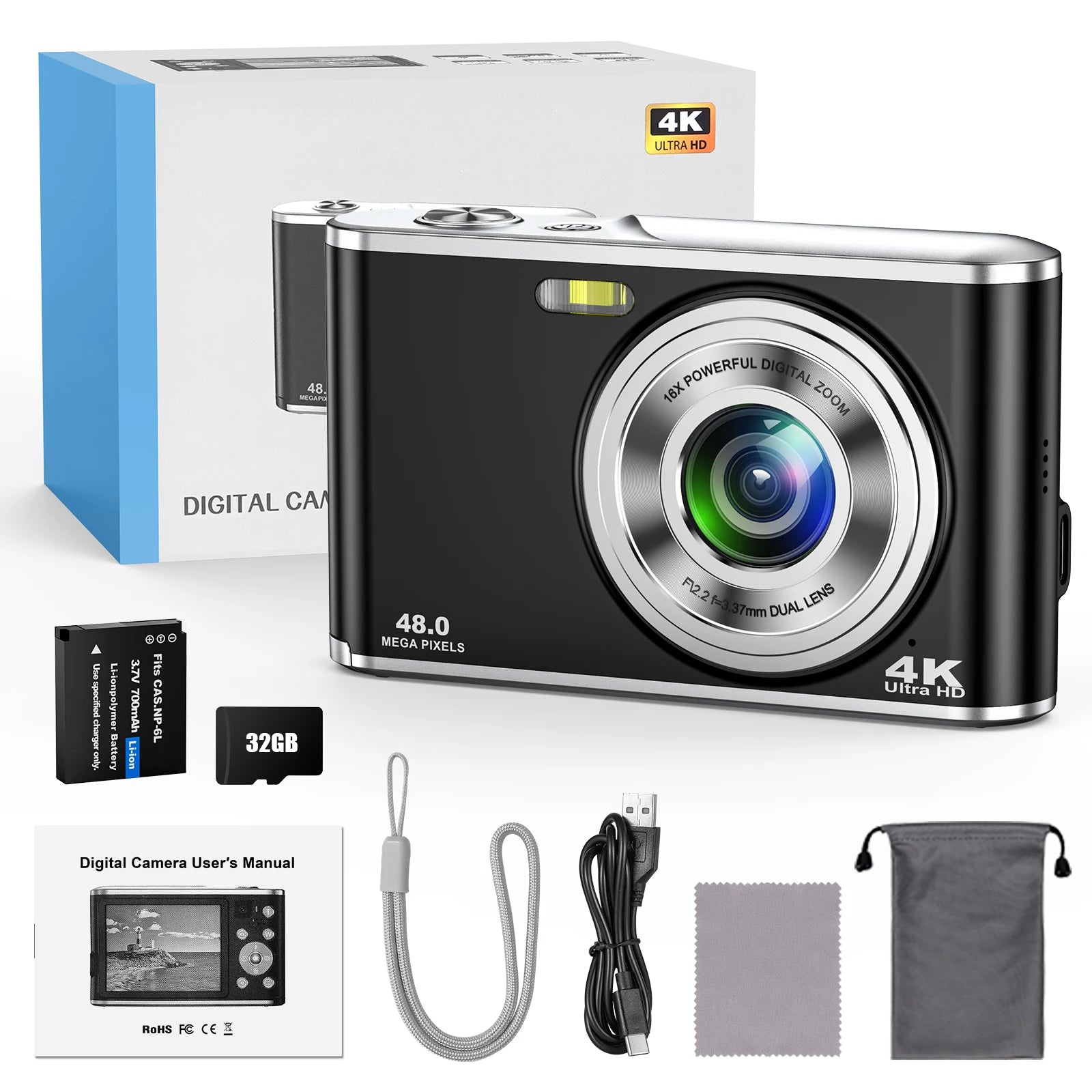 4K 48MP Digital Camera, Auto-Focus Vlogging Camera, with 32GB Card,Portable Youtube Small Camera, Suitable for Young Adults.