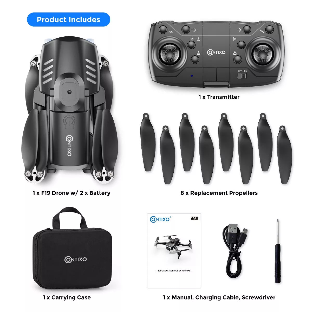 Contixo F19 Arvo Foldable Drone with 1080P HD Camera, FPV, Obstacle Avoidance, 2 Batteries, Brushless Motors & LED Lights – Black