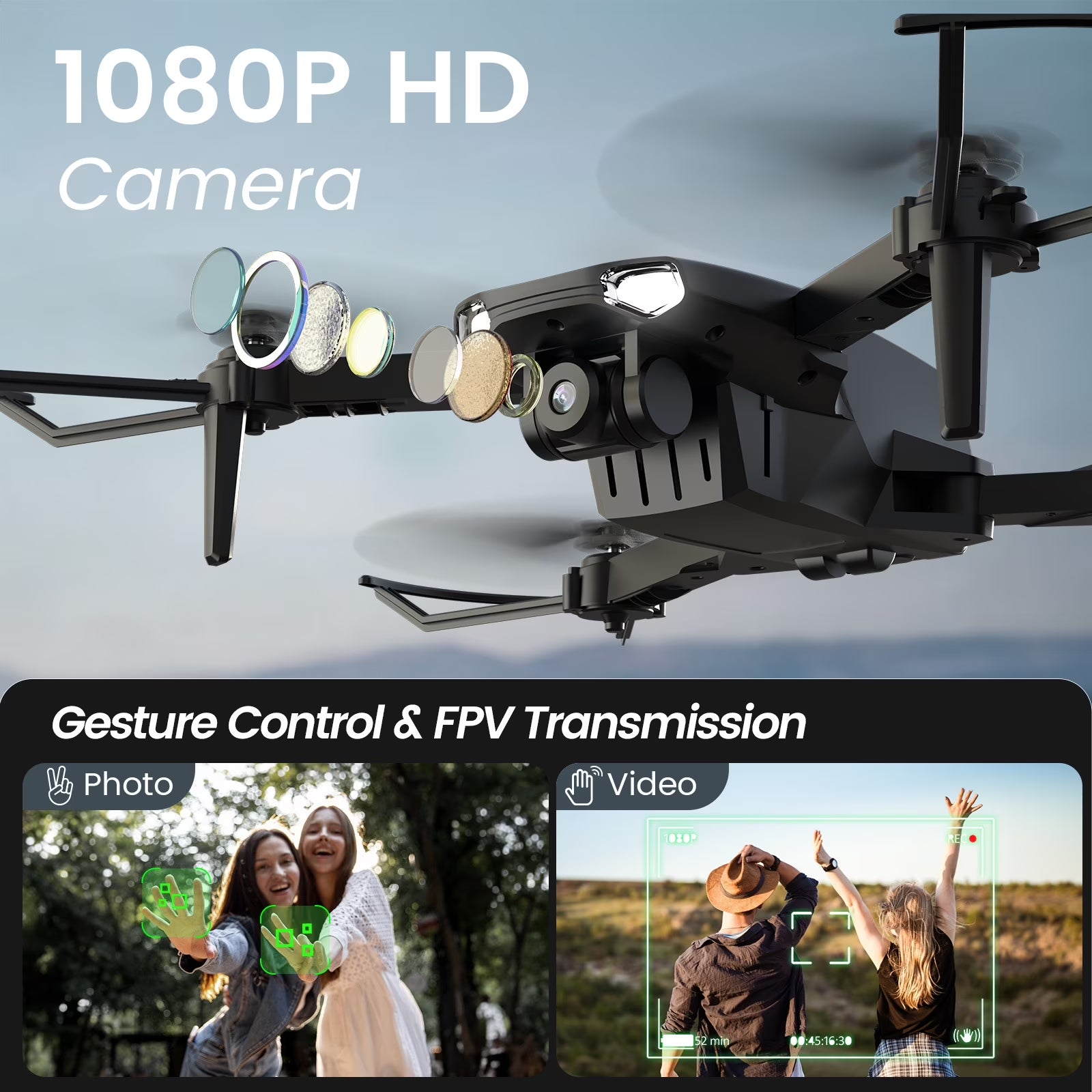 Drone with Camera for Kids 8-12, WF11 1080P Foldable Quadcopter with FPV Transmission, 2 Batteries, Black