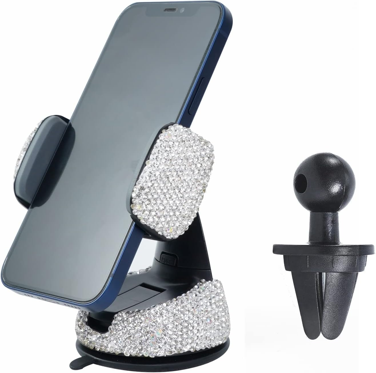 Bling Car Phone Holder,Bling Crystal Car Phone Mount, with One More Air Vent Base, Universal Cell Phone Holder for Dashboard,Windshield and Air Vent (White)