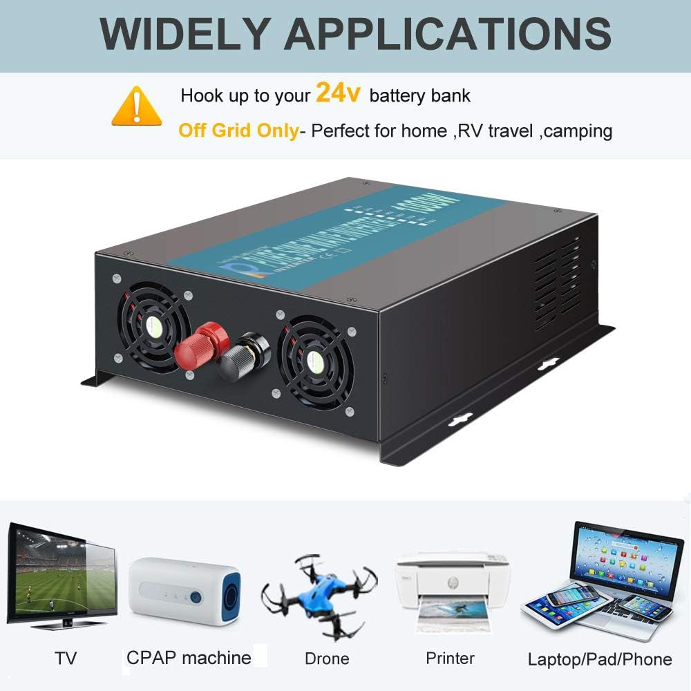 1000W Pure Sine Wave Solar Power Inverter 24V 120V 60Hz Power Converter LED Display DC to AC Power Generator with Wireless 100Ft Remote Controller