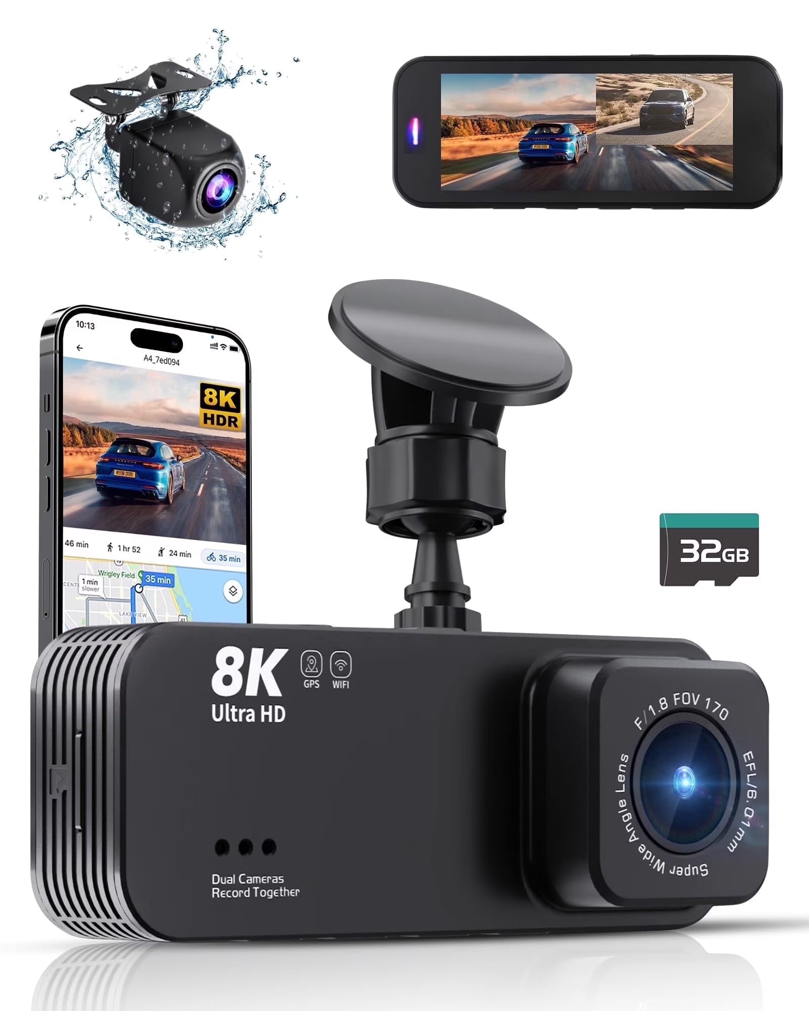 Dash Cam, 8K HD Car Dash Camera with Front and Rear Recording, Built-In Wi-Fi & GPS, Enhanced Night Vision,32 GB