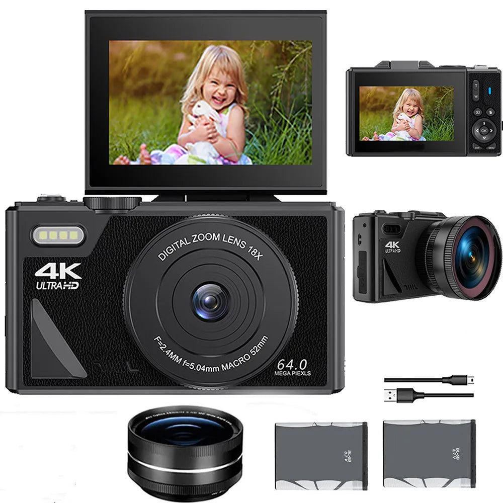64MP Digital Camera for Photography 4K Video Vlogging Camcorder Youtube Webcam Cameras 18X Digital Zoom Camera 3" Flip Screen