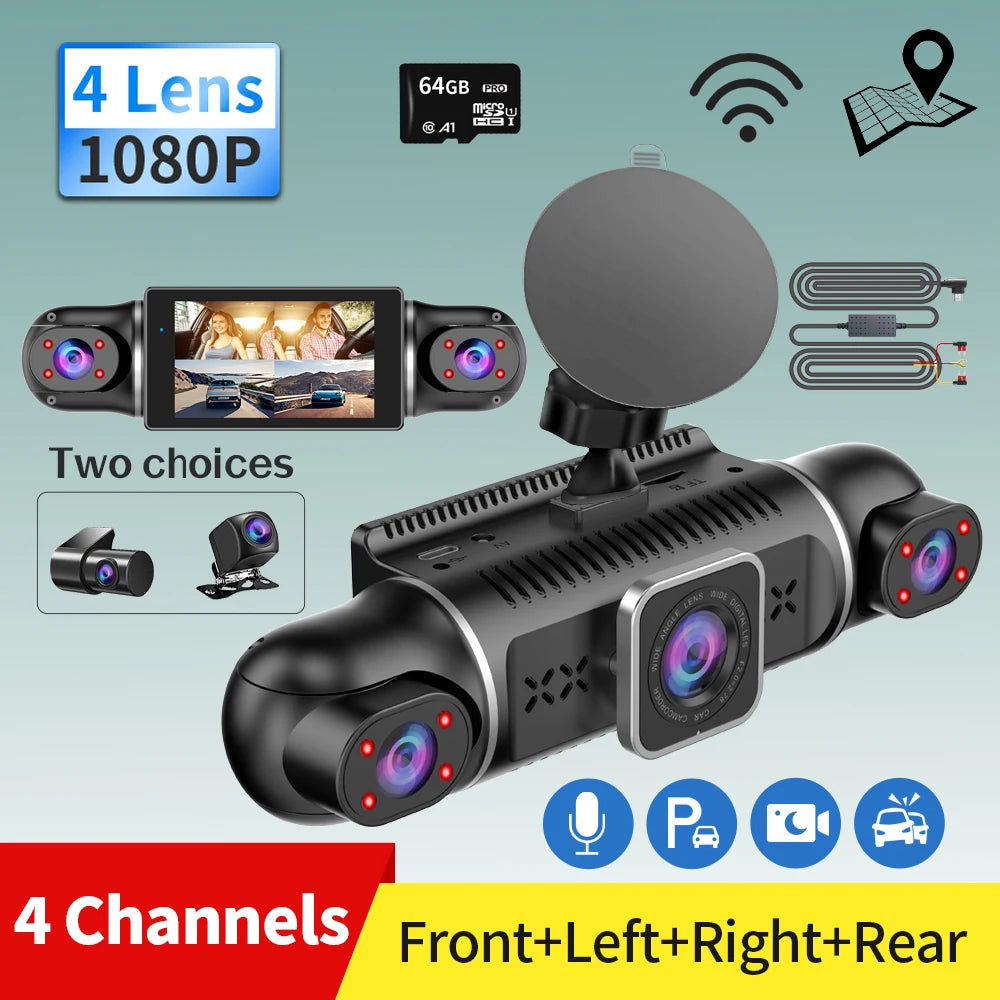 Dash Cam for Cars Free 64GB Dash Cam 360 Degrees Car DVR Wifi GPS 24H Parking Monitor 4 Lens HD 1080P Video Recorder APP Control
