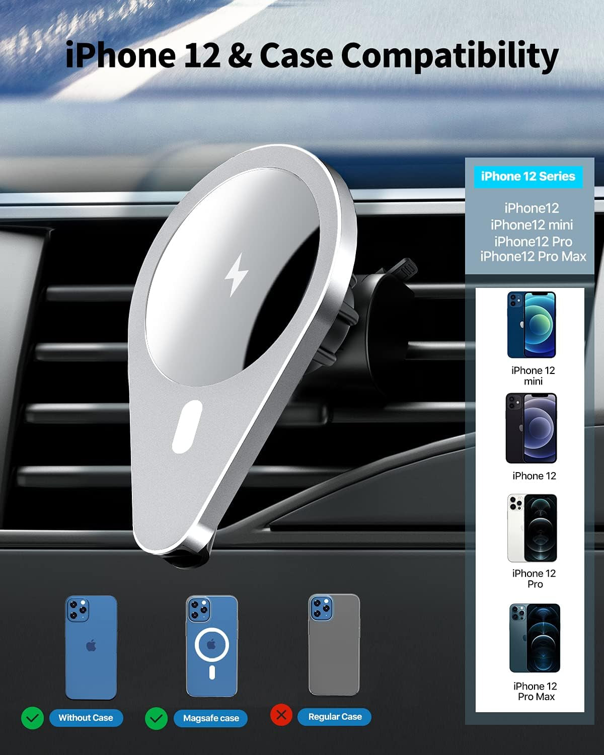 Magnetic Wireless Car Charger, Fast Wireless Car Charger Phone Mount,15W Auto-Clamping Air Vent Holder,For Iphone 13/13 Pro/13Pro Max/13 Mini/12/12 Pro/12 Pro Max/12 Mini