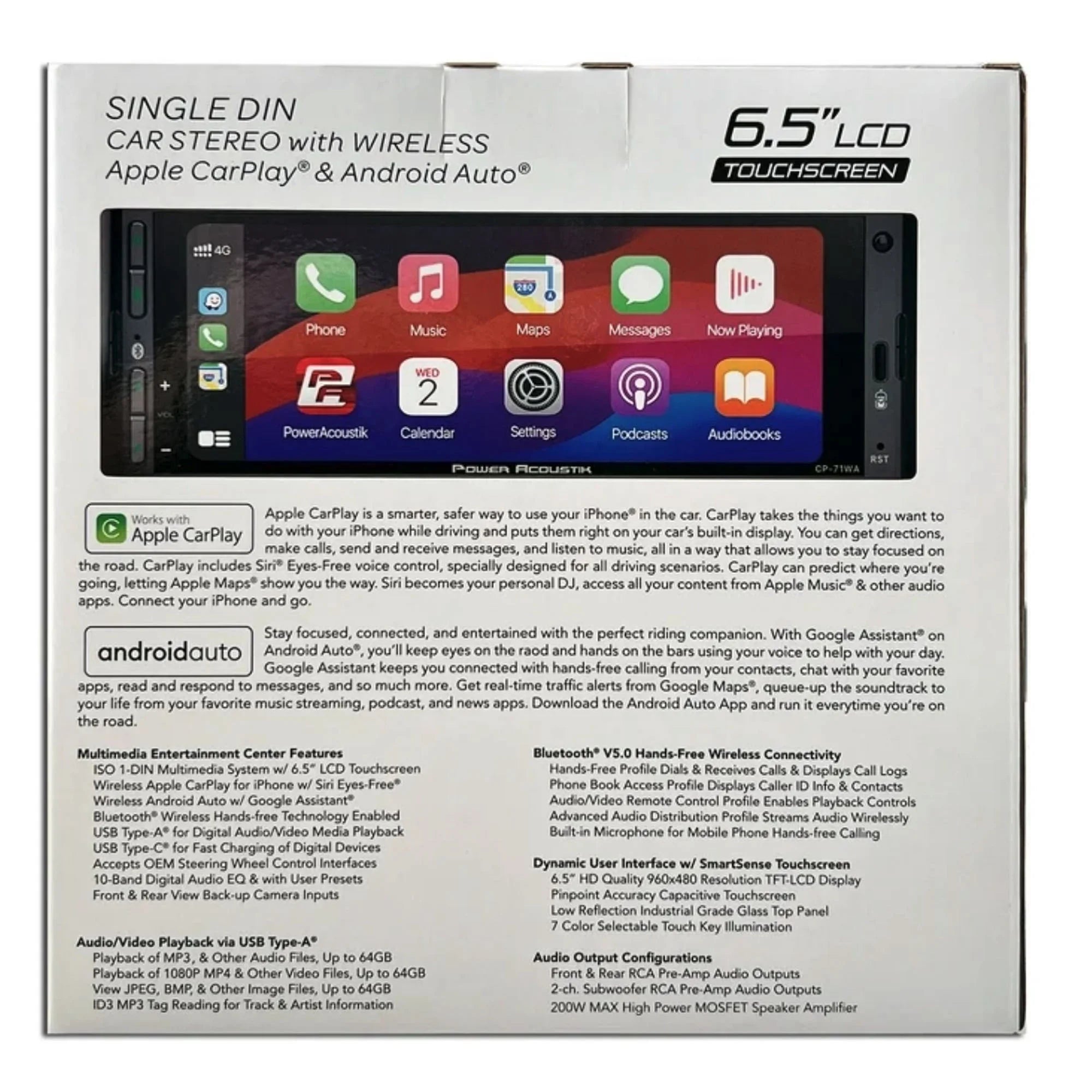 CP-71WA Single DIN 6.5" Color Touchscreen Car Stereo with Bluetooth Connected Apple Carplay + Android Auto