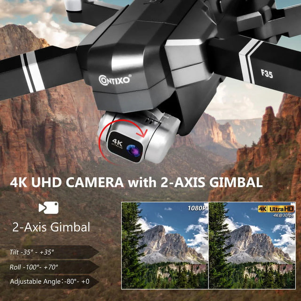 F35 GPS Drone with Camera, 4K Drone with 2-Axis Gimbal, Brushless Motor, Includes Carrying Case, Gray