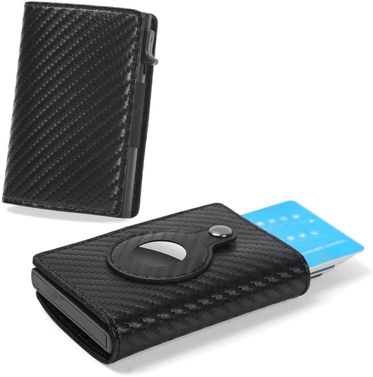 Wallet with Air Tag Holder RFID Credit Card Money Holder Automatic Pop up Wallet Pocket-Sized Slim Multipurpose Accessory Leather Card Holder for Men (Black Carbon Fiber)
