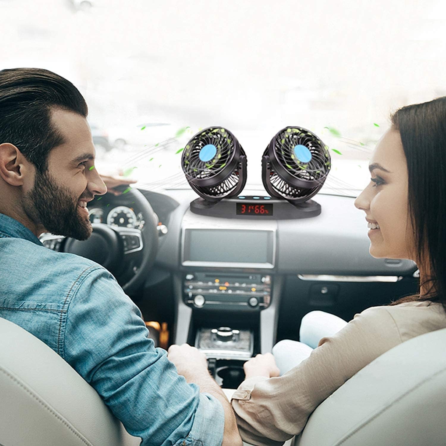 2V Car Fan, 5'' Portable Auto Cooling Fan, Adjustable Dual Head 360° Rotatable, 12 Speed Cigarette Lighter Plug & LED Display for Sedan SUV RV Boat (T103E)