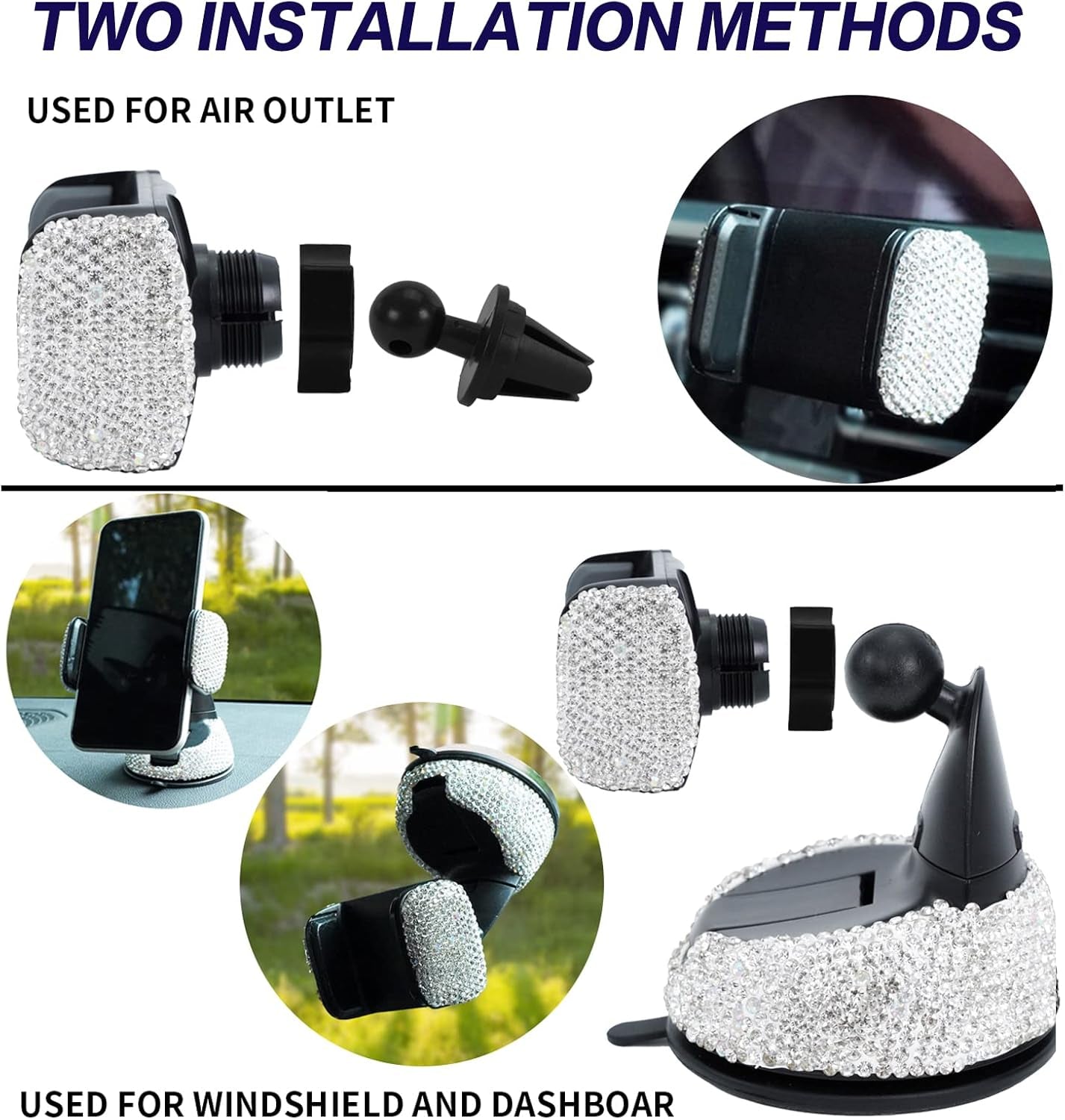 Bling Car Phone Holder,Bling Crystal Car Phone Mount, with One More Air Vent Base, Universal Cell Phone Holder for Dashboard,Windshield and Air Vent (White)