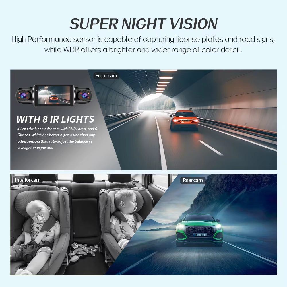 Dash Cam for Cars Free 64GB Dash Cam 360 Degrees Car DVR Wifi GPS 24H Parking Monitor 4 Lens HD 1080P Video Recorder APP Control