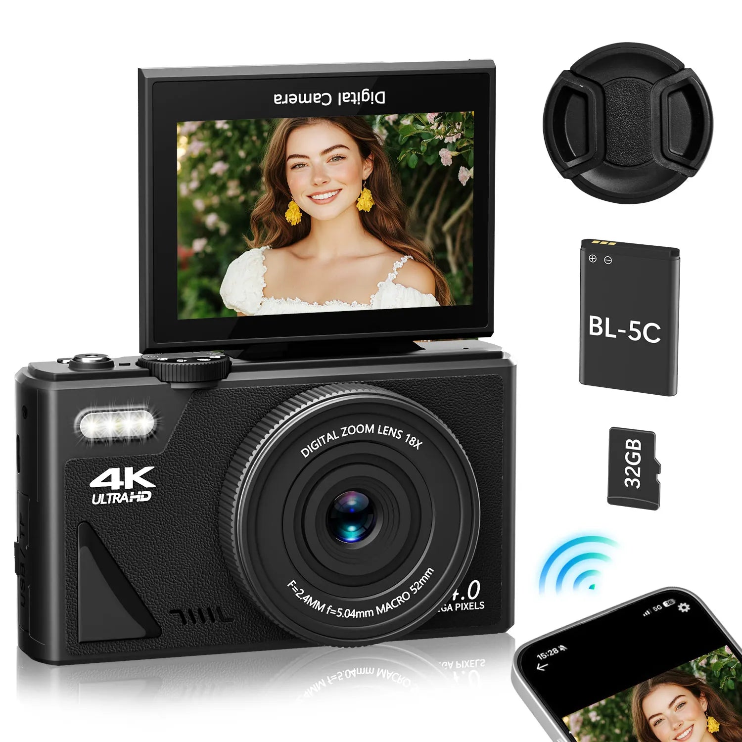 Compact 4K Digital Camera 64MP 18X Zoom for Photography Vlogging Youtube 3'' Flip Screen Flash