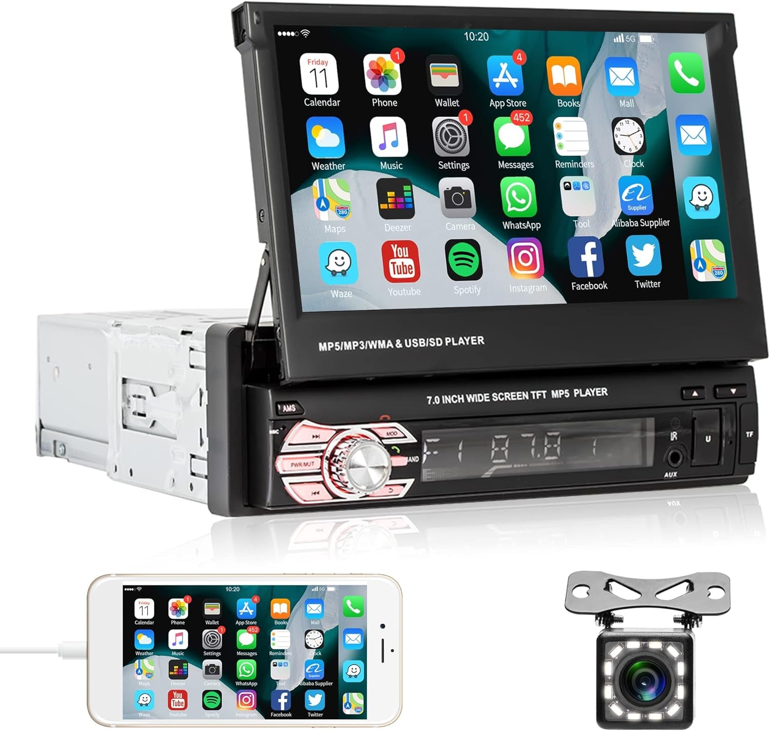 Car Stereo Single Din Touchscreen Car Radio with Bluetooth,  7 Inch Electric Flip Out Screen Mirror Link FM Radio AUX- in USB SD TF Card Input EQ Setting MP5 Player + Backup Camera