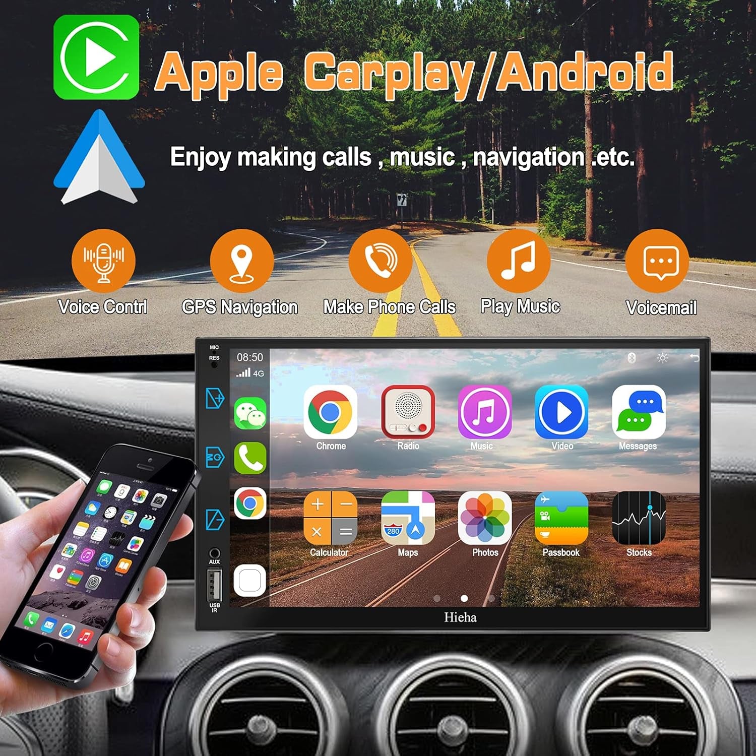 Car Stereo Compatible with Apple Carplay & Android Auto,  7 Inch Double Din Car Stereo with Bluetooth and Backup Camera, Touch Screen Car Radio with AM/FM, Voice Control, Mirror Link, A/V Input
