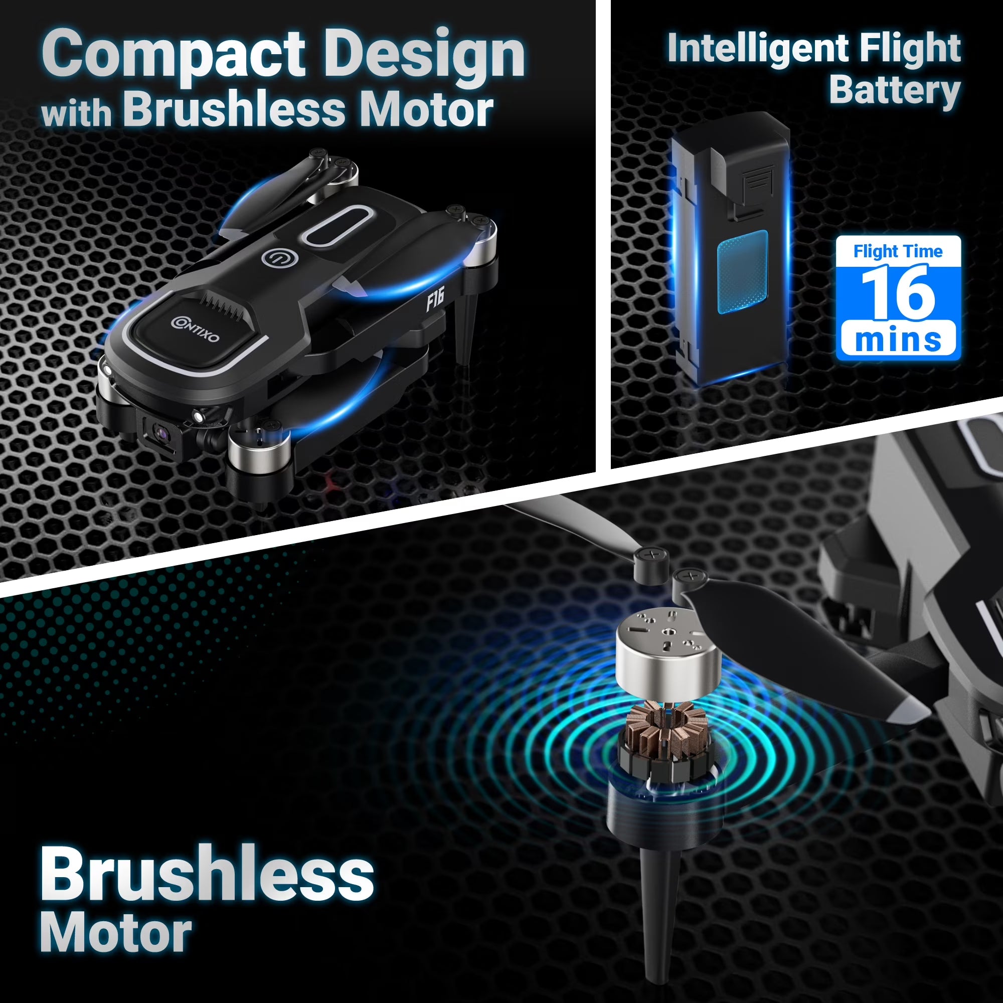 F16 Stunt Drone for Adults and Kids with 1080P Camera & Brushless Motor, 17-Minute Flight Time, Graphite