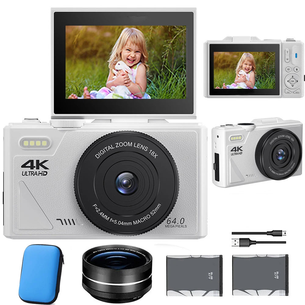 64MP Digital Camera for Photography 4K Video Vlogging Camcorder Youtube Webcam Cameras 18X Digital Zoom Camera 3" Flip Screen