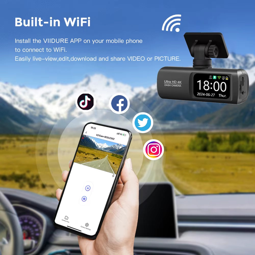 Dash Cam 4K+1080P Dual-Channel Dash Car Camera Recorder with GPS Wifi Car DVR 24H Parking Monitor Black Box