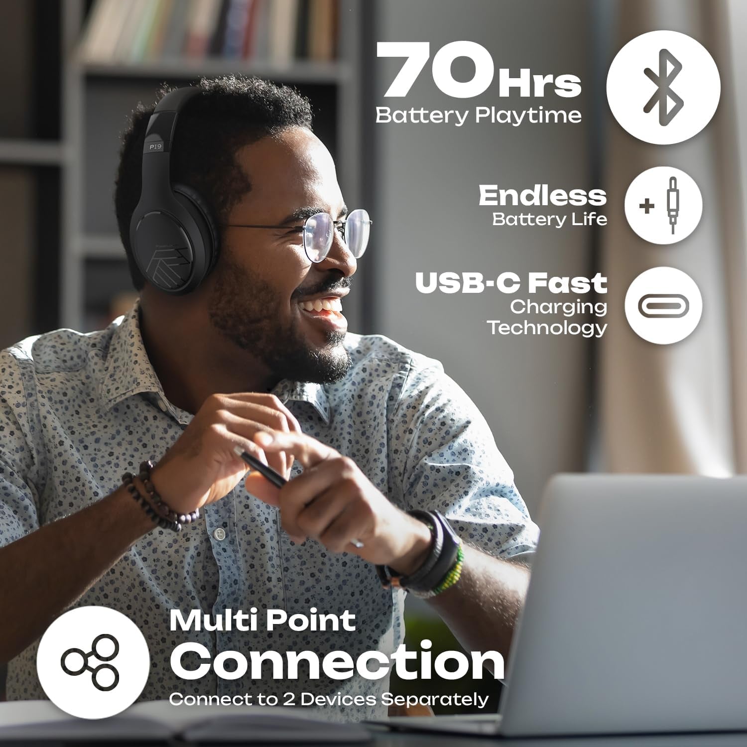Bluetooth Over-Ear Headphones, Passive Noise Cancelling, 70Hrs Playtime, Foldable, Hi-Fi Deep Bass, Black