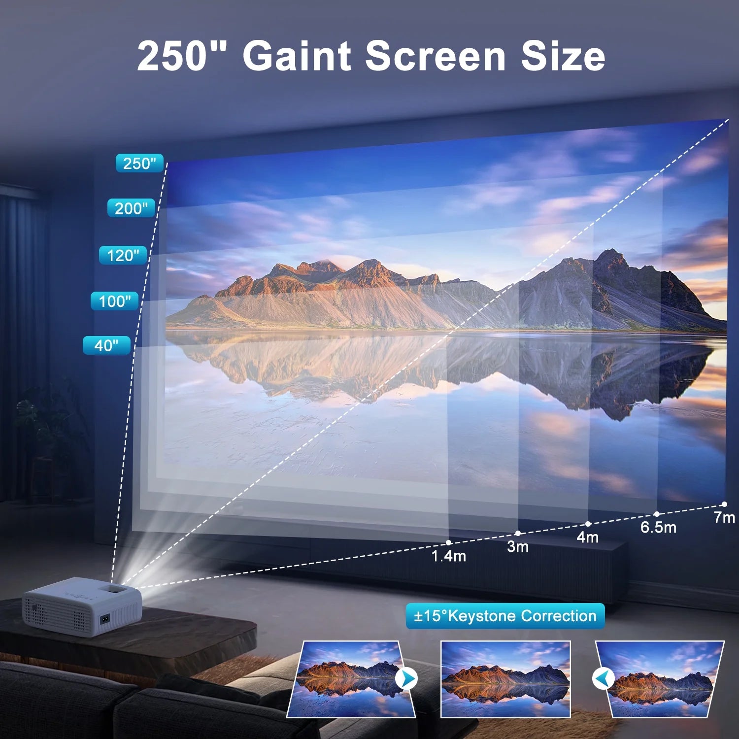 [Electric Keystone]  4K Projector with Wifi and Bluetooth, Native 1080P Movie Projector with 50% Zoom, 15000L Mini Projector Compatible with HDMI, USB, Phone