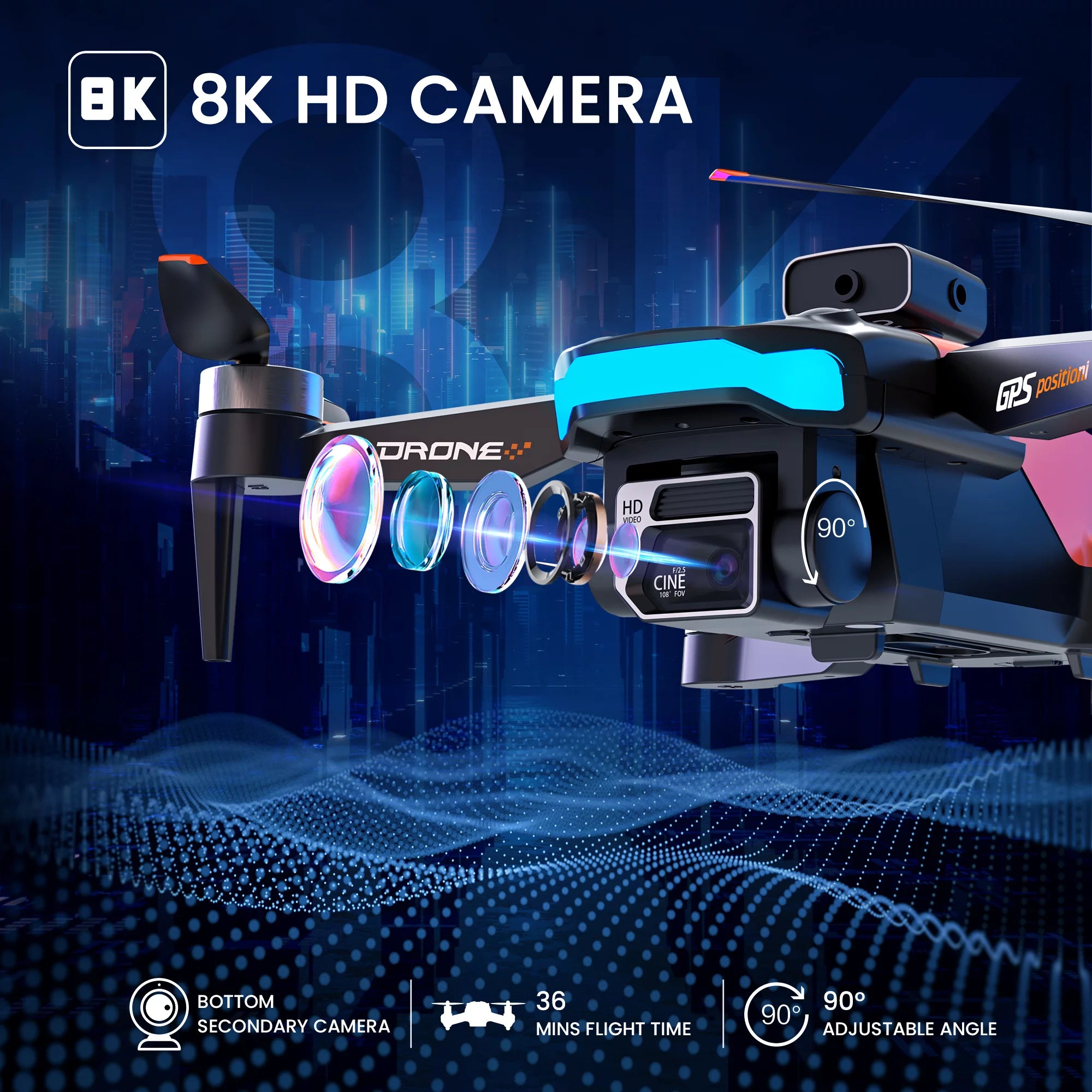D99 GPS Drone with 8K UHD Camera, Foldable Quadcopter for Adults Beginners, Brushless Motor, VR Mode, 2 Batteries, Orange