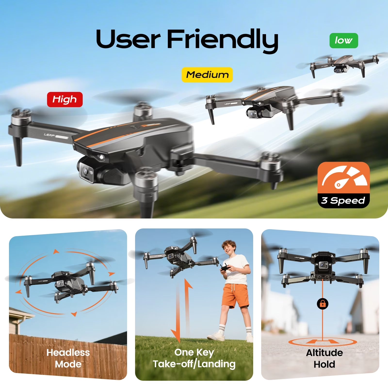 H31 Drone with Camera for Kids and Adults, 3 Speed Adjustment, Optical Flow Positioning, 2 Batteries, Black