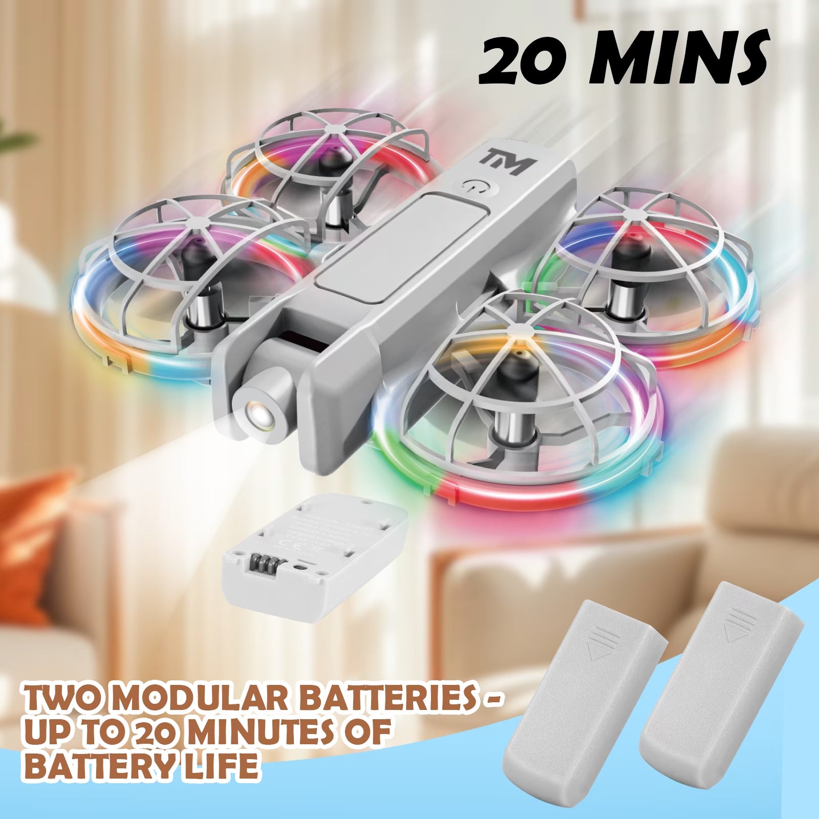 Mini Drone for Kids, Beginner-Friendly Quadcopter with 20 Colorful LED Light Modes, 3D Flips, Headless Mode, Propeller Guards, 2 Rechargeable Batteries