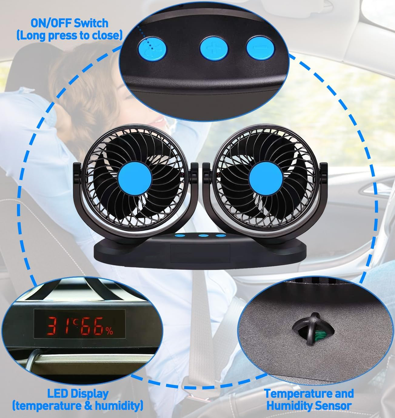 2V Car Fan, 5'' Portable Auto Cooling Fan, Adjustable Dual Head 360° Rotatable, 12 Speed Cigarette Lighter Plug & LED Display for Sedan SUV RV Boat (T103E)