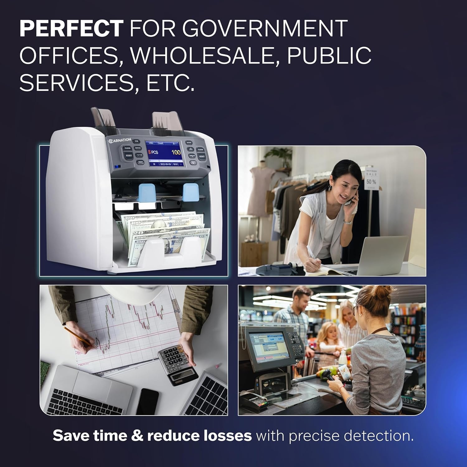 Money Counter Machine – Cash Counting & Mixed Denomination Bill Counter, Portable Currency Detector, Counterfeit Bank Scanner, Dollar Sorter for Commercial, 1100 N/M, UV/MG/MT/IR/2×CIS