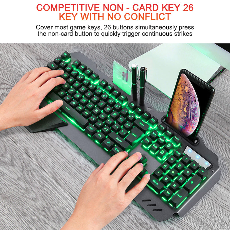 Ergonomicwired Gaming Keyboard with RGB Backlight Phone Holder