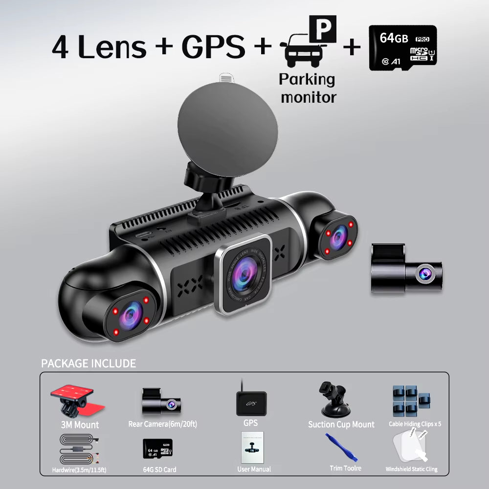 Dash Cam for Cars Free 64GB Dash Cam 360 Degrees Car DVR Wifi GPS 24H Parking Monitor 4 Lens HD 1080P Video Recorder APP Control