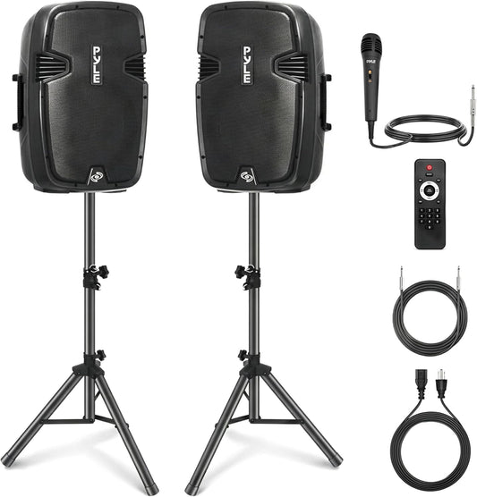 Wireless Portable PA Speaker System - 1800W High Powered Bluetooth Compatible Active + Passive Pair Outdoor Sound Speakers W/ USB SD MP3 AUX - 35Mm Mount, 2 Stand, Microphone, Remote -  PPHP1249KT