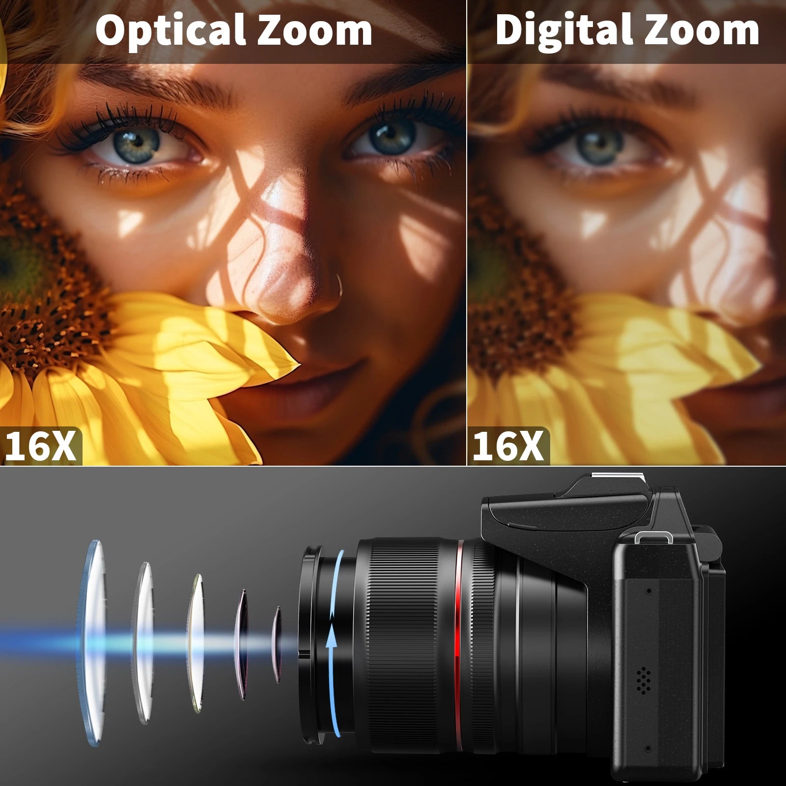 64MP Digital Cameras for Photography, 16X Optical Zoom Camera with Wifi & App Control, Vlogging Camera with 180°Flipable Scr