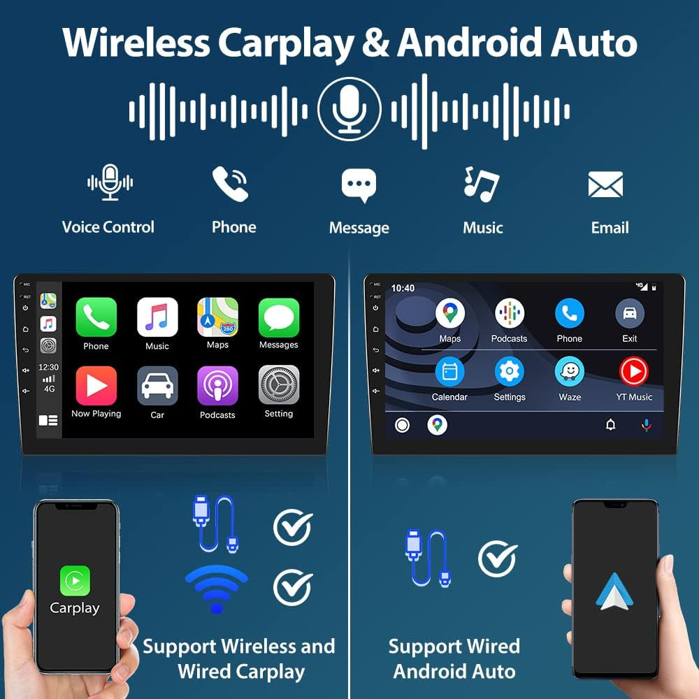 Android Car Stereo Double Din, 10.1 Inch Touchscreen Wireless Carplay Android Auto Indash Radio with GPS Bluetooth FM Wifi Mirror Link SWC + Backup Camera/Microphone