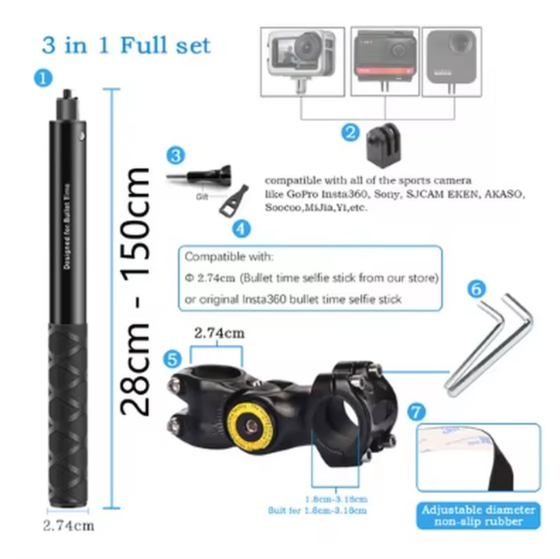 Motorcycle Handlebar Mount Invisible Adjustment Selfie Stick Bicycle Monopod for Gopro DJI Insta360 One R Camera Accessory
