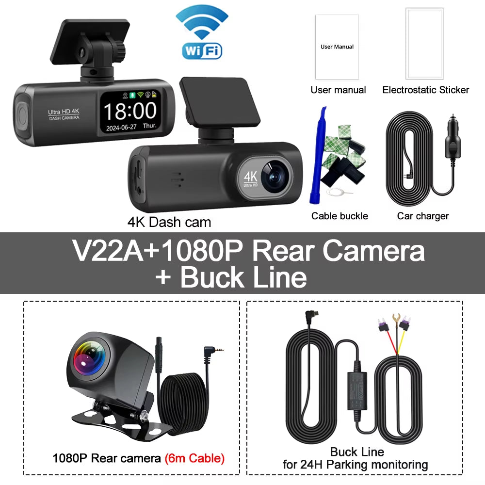 Dash Cam 4K+1080P Dual-Channel Dash Car Camera Recorder with GPS Wifi Car DVR 24H Parking Monitor Black Box