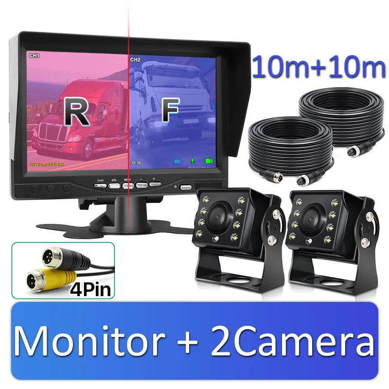 1920*1080 Recording DVR 2 Truck Backup Camera AHD Night Vision with 7" Vehicle Rear View Monitor Support SD Card