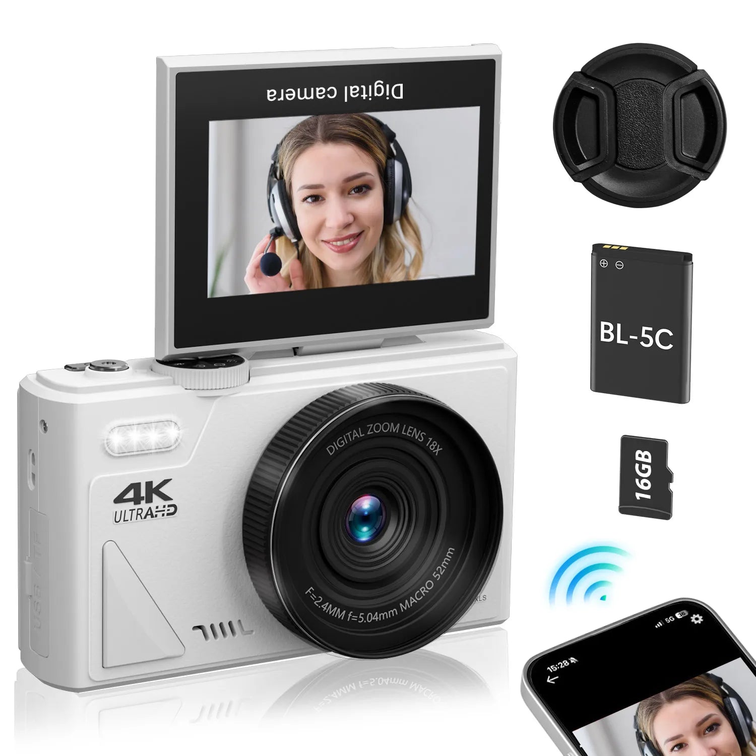 Compact 4K Digital Camera 64MP 18X Zoom for Photography Vlogging Youtube 3'' Flip Screen Flash