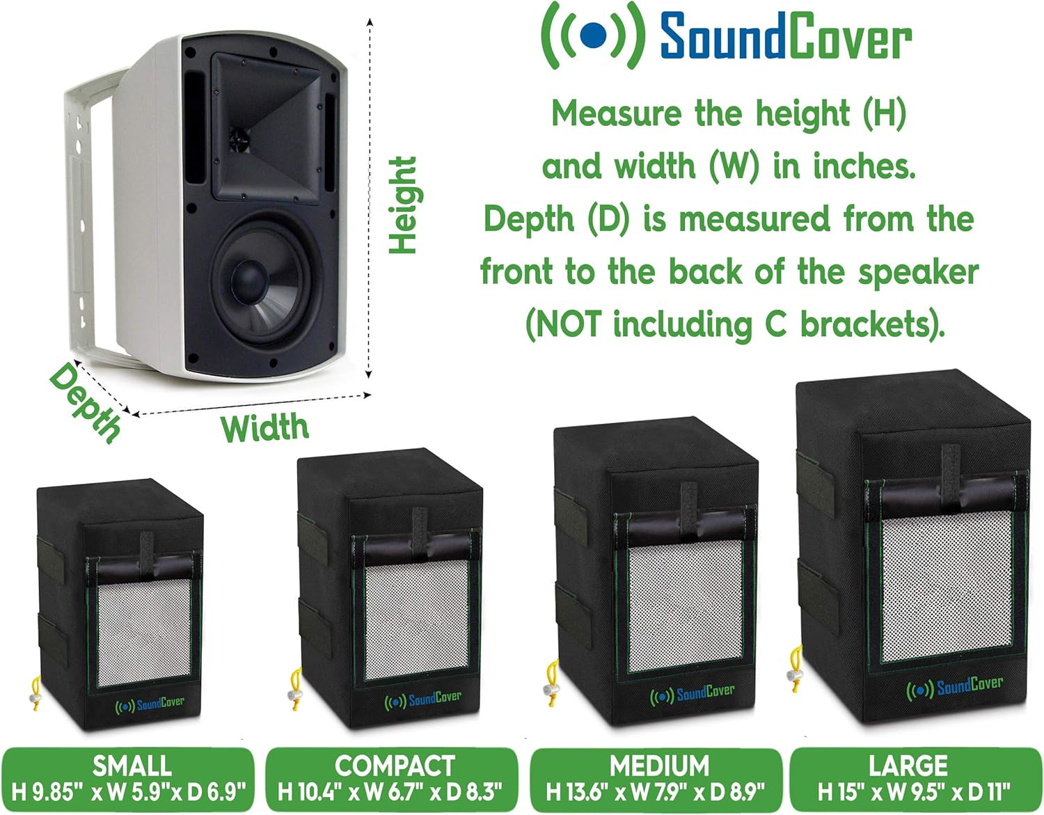 Two Black Waterproof 600D Outdoor Speaker Covers for C-Bracket Mounted Speakers – Fits Klipsch AW-650, Polk Atrium 8 SDI, Definitive Technology AW 6500 (Max Dimensions: H 15" X W 9.45" X D 11")