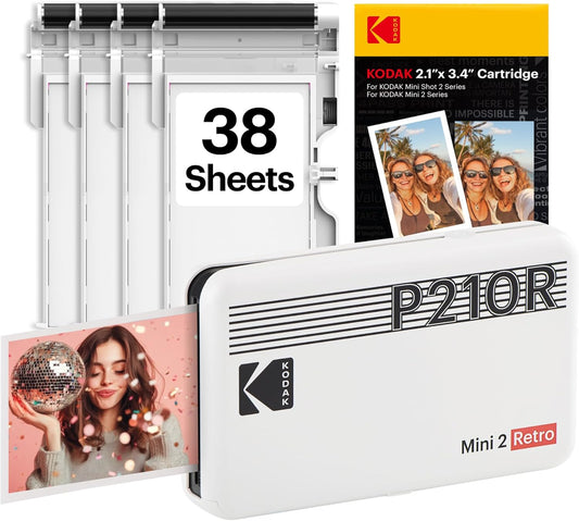 KODAK Mini 2 Retro 2X3 Portable Photo Printer, 38 Sheets, Bluetooth Smartphone Printer for Iphone & Android, Instant Color Prints, 4PASS Dye Sublimation, White