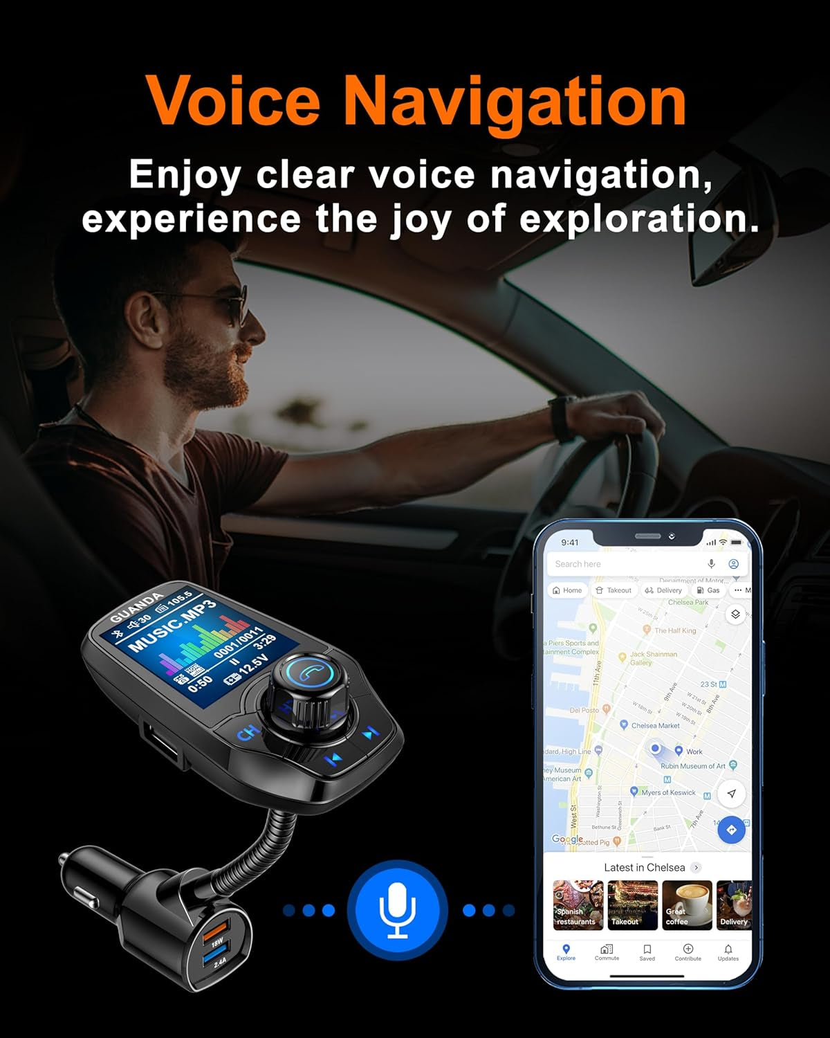 Upgraded Bluetooth FM Transmitter for Car, Wireless Radio Adapter Kit W 1.8" Color Display Hands-Free Call AUX In/Out SD/TF Card USB Fast Charge 18W for All Smartphones Audio Players - Black