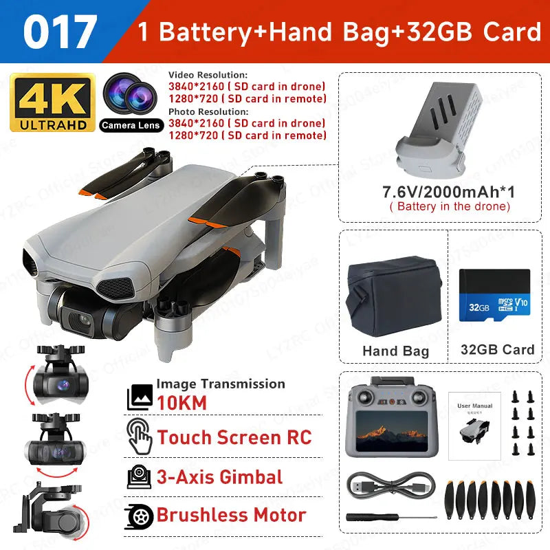 017 3-Axis Gimbal Drone 4K Camera GPS Dron Touch Screen Remote 10KM Image Transmitting 5G Wifi FPV Foldable Quadcopter New