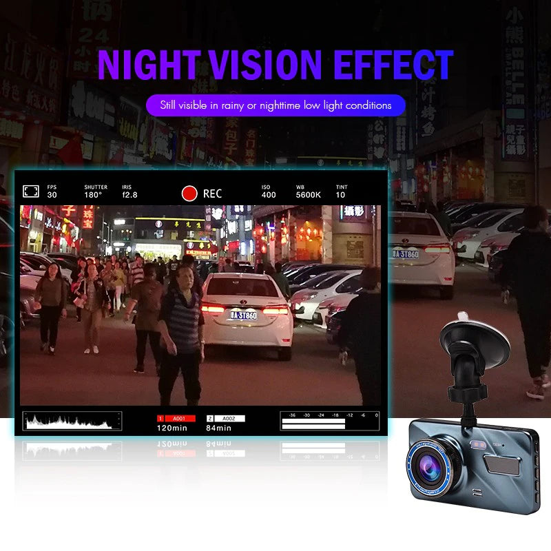 Touch Screen Dash Cam 4" 1080P Dual Lens Car DVR Recorder Front and Rear Camera