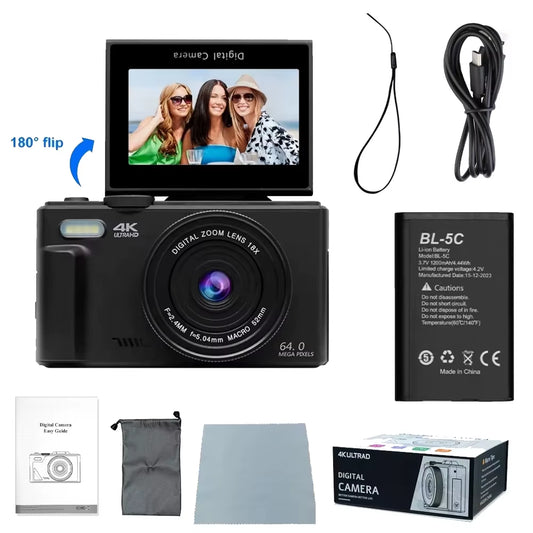 Compact Digital Photography Camera 4K 18X Digital Zoom Vintage Video Recorder 180° Flip Screen Cameras Wifi Webcam