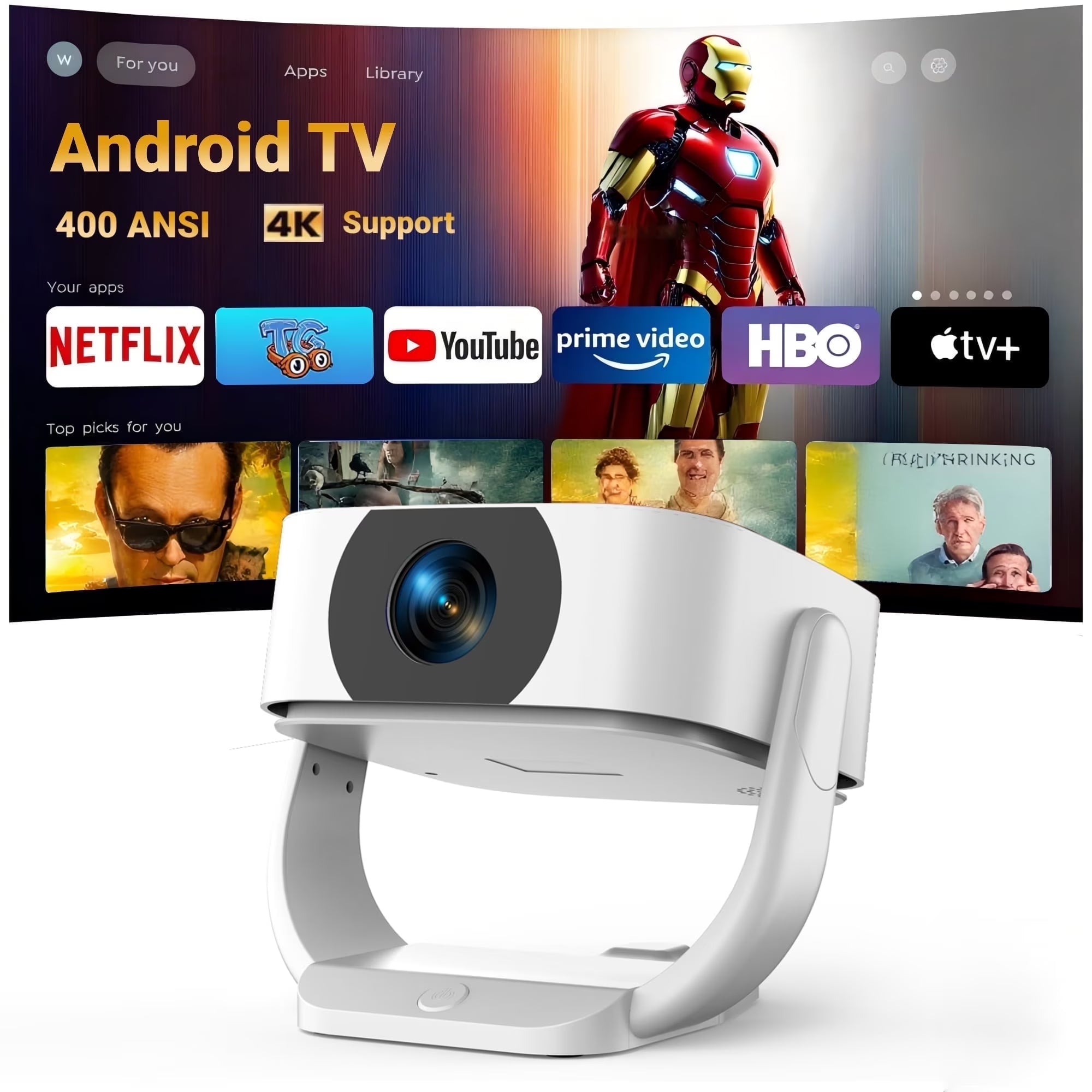 [Built-In Apps]  Projector 4K with Wifi and Bluetooth, 16000L Movie Projector with [Electric Focus and Auto Keystone], 270° Rotatable Portable Outdoor Projector for HDMI, USB, Phone