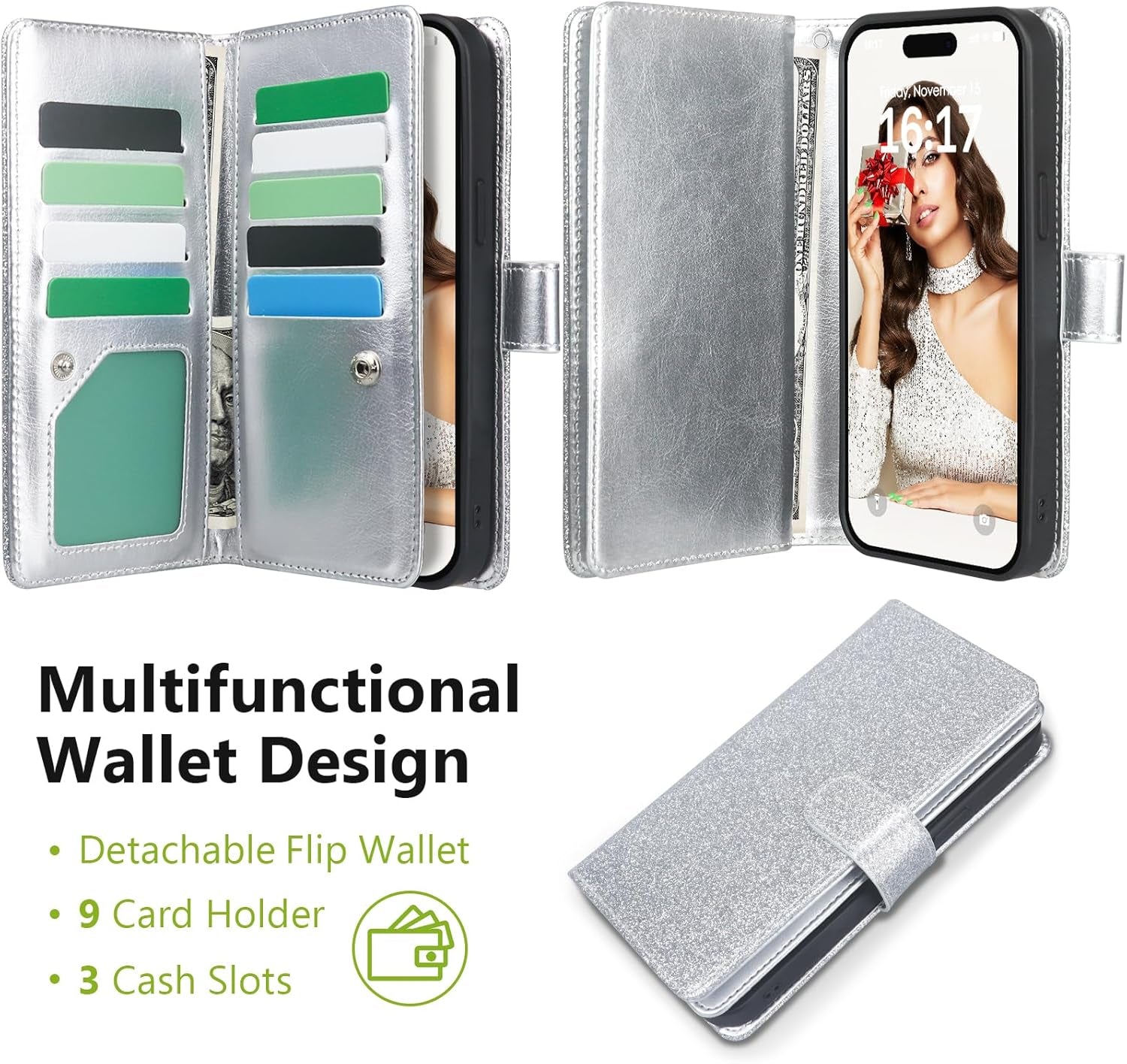 for Iphone 13 Wallet Case Detachable with Card Holder for Women Girls, Fashion Glitter PU Leather Wrist Strap Strong Magnetic Flip Wallet Removable Phone Case Cover for Iphone 13 6.1", Silver