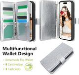 for Iphone 13 Wallet Case Detachable with Card Holder for Women Girls, Fashion Glitter PU Leather Wrist Strap Strong Magnetic Flip Wallet Removable Phone Case Cover for Iphone 13 6.1", Silver